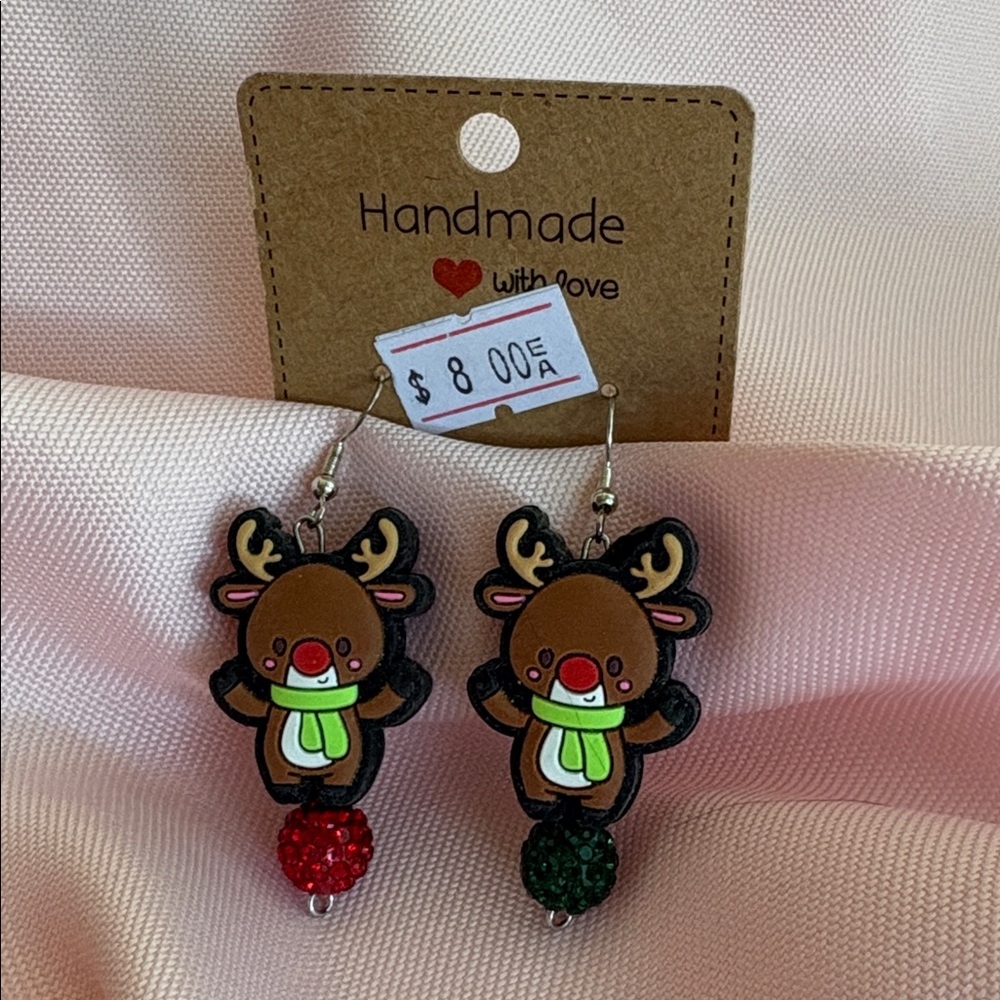 🟢 Christmas Reindeer Rudolph Elk Red And Green Rhinestones Bead Earrings